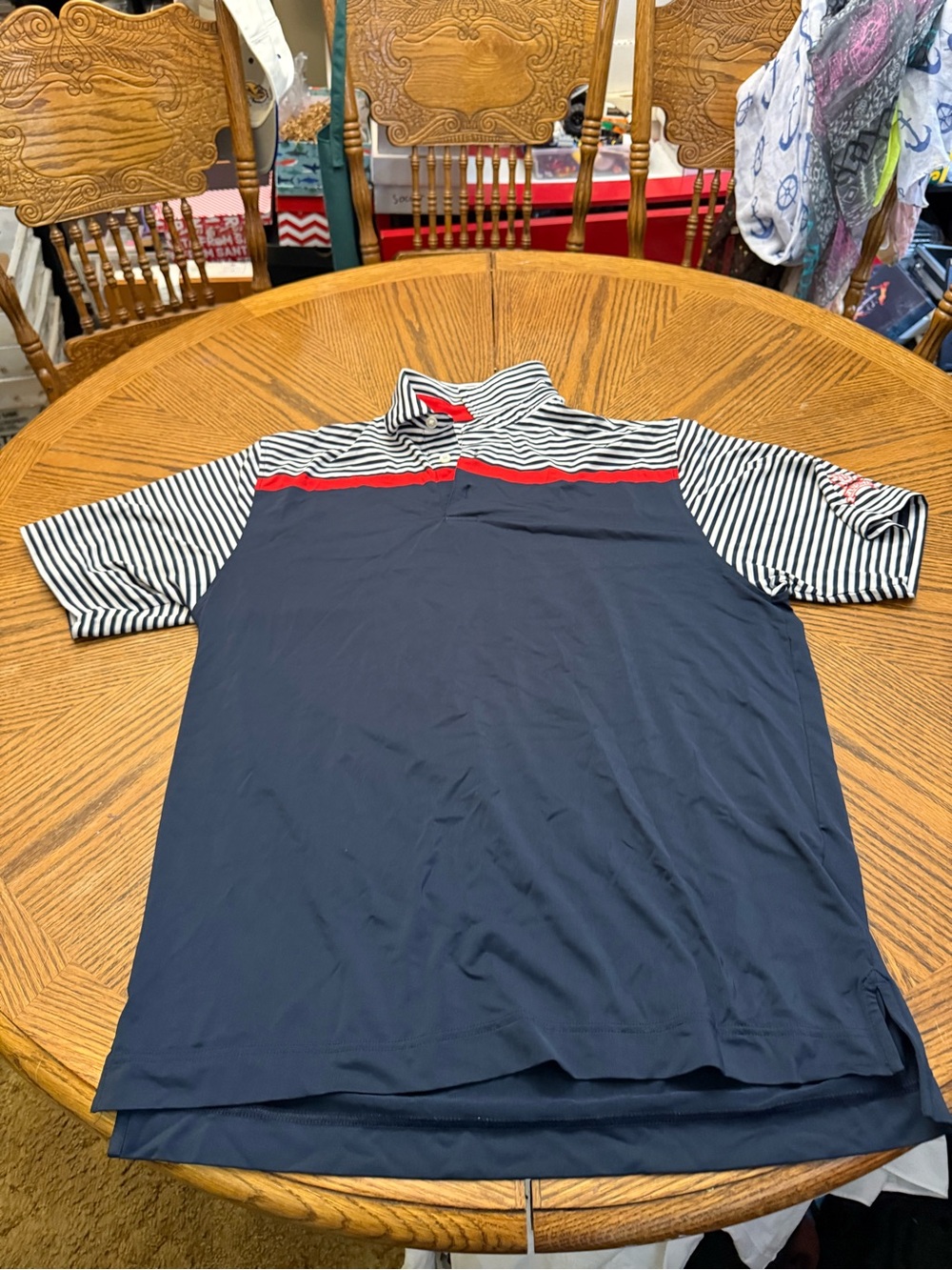 FootJoy Navy and White Striped Polo with Red Collar